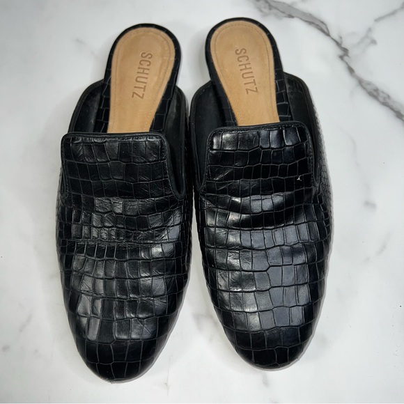 SCHUTZ Shoes - SCHUTZ Black Croc Smoking Slipper Flats Slip-ons Size 9